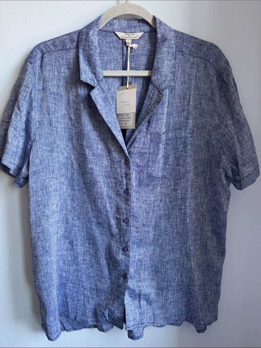 Hester& Orchard NWT Relaxed Fit Blue Linen-Blend Short Sleeve Shirt